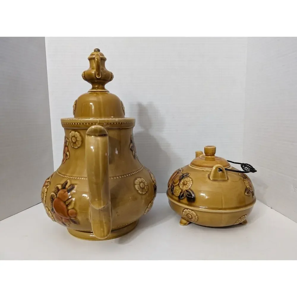 VINTAGE 1950s APCO JAPAN MCM LARGE AND SMALL TEAPOT Tan Ceramic